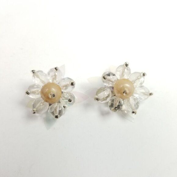 Vintage Beaded Cluster Flower Clip On Earrings, West Germany, Clear Faux Pearl - Picture 6 of 7